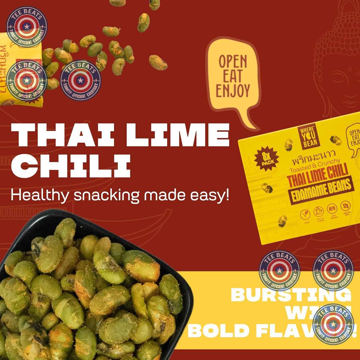 Where You Bean Crunchy Edamame (Thai Lime Chili) – Clean-Eating Snack for Low-Carb Lifestyle Goals, Dry Roasted Vegan Protein, 0.9 oz Pouches, 8 Pack