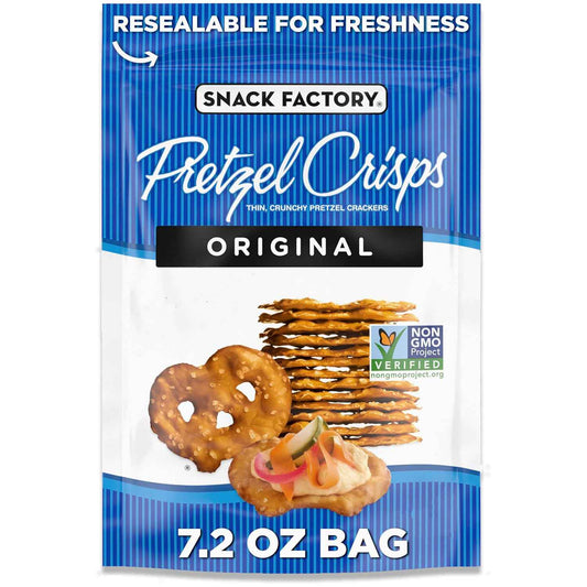 Snack Factory Pretzel Crisps – Gourmet Snack Gift Basket Staple for Charcuterie Board Hosts, 7.2 oz Resealable Bag