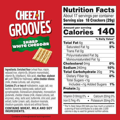 Cheez-It Grooves Crunchy Cheese Crackers – Travel-Friendly Sharp White Cheddar Snack for Rest Stops, Picnics, and Tailgates, 3.25oz 6-Pack