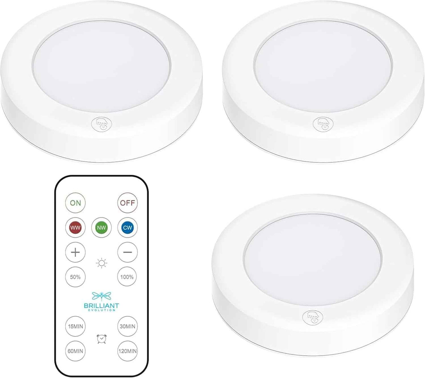 Brilliant Evolution Wireless LED Puck Light 3 Pack – Home Office Desk Task Light with Dimmable Remote Focus