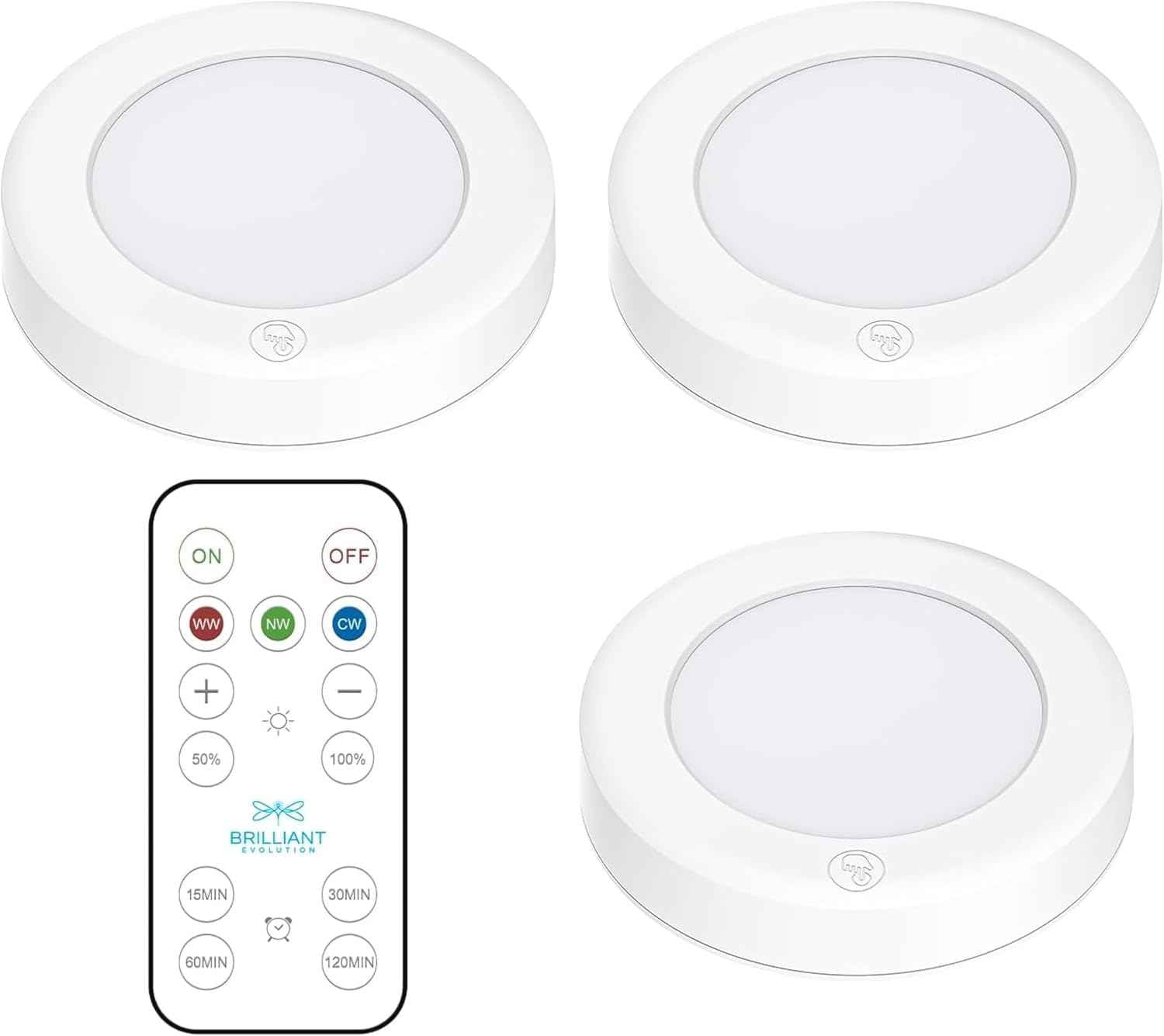 Brilliant Evolution Wireless LED Puck Light 3 Pack – Home Office Desk Task Light with Dimmable Remote Focus