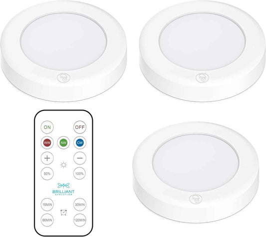 Brilliant Evolution Wireless LED Puck Light 3 Pack – Home Office Desk Task Light with Dimmable Remote Focus