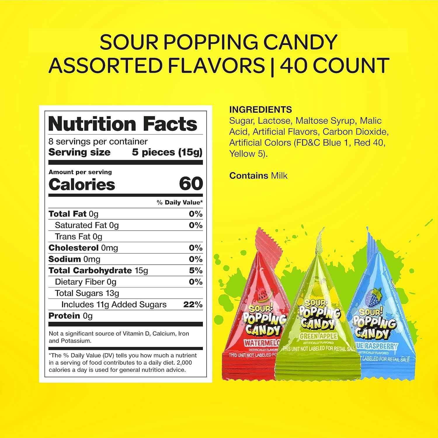 Sour Popping Rocks - Stocking Stuffer and Small Novelty Gift for Kids - 40 Count Bag of Individually Wrapped Sour Popping Candy Pouches