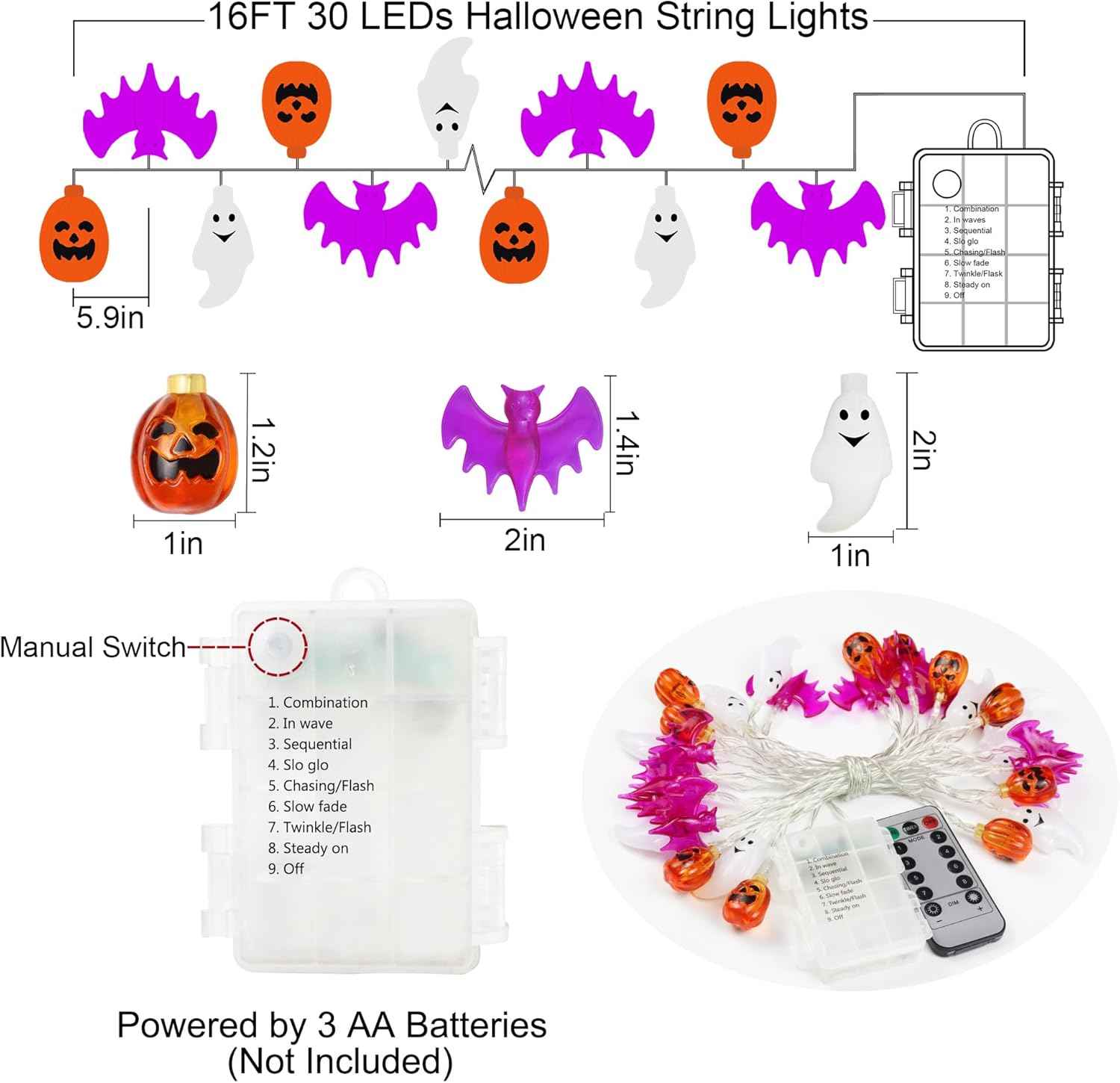 LampLustre Kids Halloween Lights Battery Operated 16FT 3D Pumpkin Bat Ghost - Cool to Touch LED String Lights for Playroom, Nursery, and Classroom Party