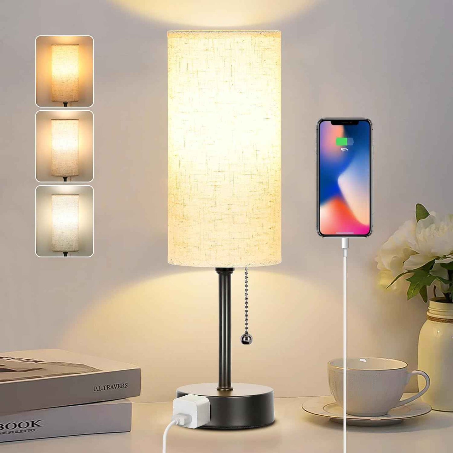 Focus Desk Lamp for Home Office, 3 Color Temperature Task Light with Pull Chain and AC Outlet for Chargers