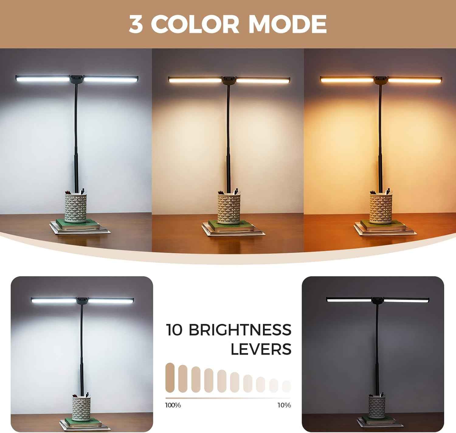 Minimalist LED Desk Lamp Black – Dual Head Clip-On Monitor Light with Clean Lines for Clutter Free Workstations