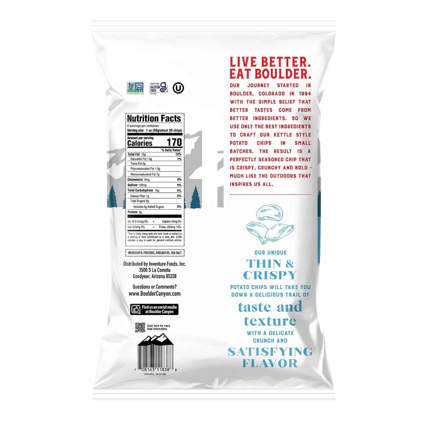 Boulder Canyon Thin & Crispy Classic Sea Salt Chips – Three-Ingredient Clean Snack for an Uncluttered Pantry, 1.25 oz 6-Pack