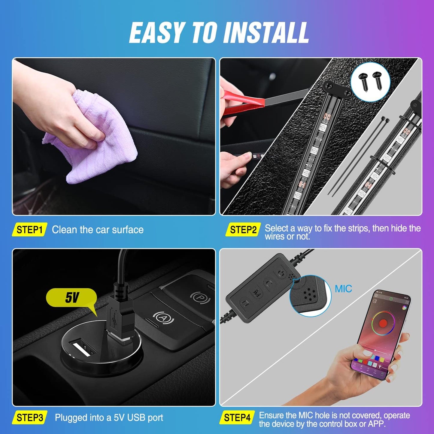 three installation methods: double-sided tape, cable ties, and screw mounting