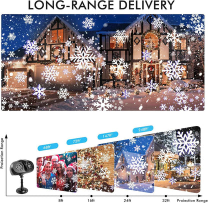 HolidaySnow Pro Outdoor Snowflake Projector – Camping, Courtyard & Driveway Christmas Light Show, 15000 Lumens LED with 2H/4H/6H/8H Timer