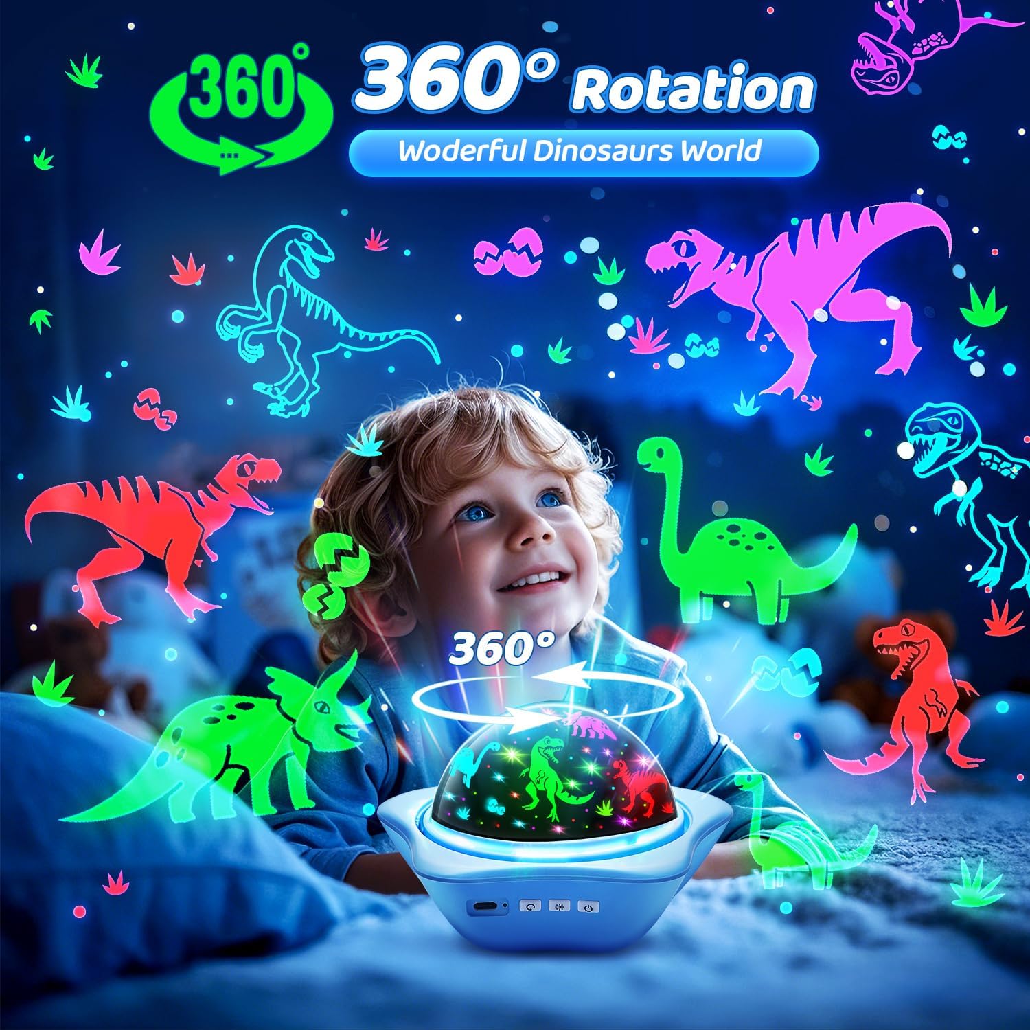 three physical control buttons for power, color/brightness, and rotation