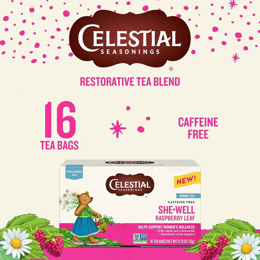 Celestial Seasonings SheWell Raspberry Leaf Tea – Hormone-Balancing Cup for Evening Self-Care Ritual, Caffeine-Free Herbal Blend