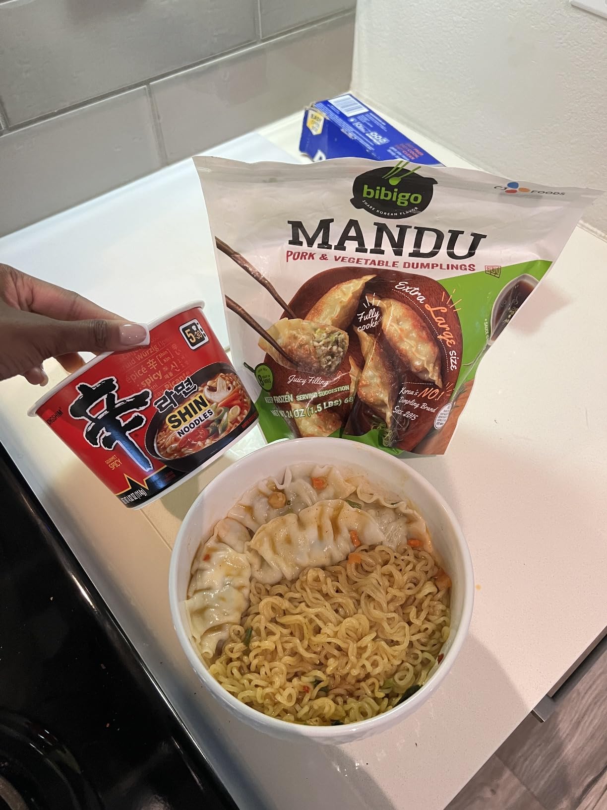 three sku variants: spicy noodle, spicy shin vegan, and spicy seafood