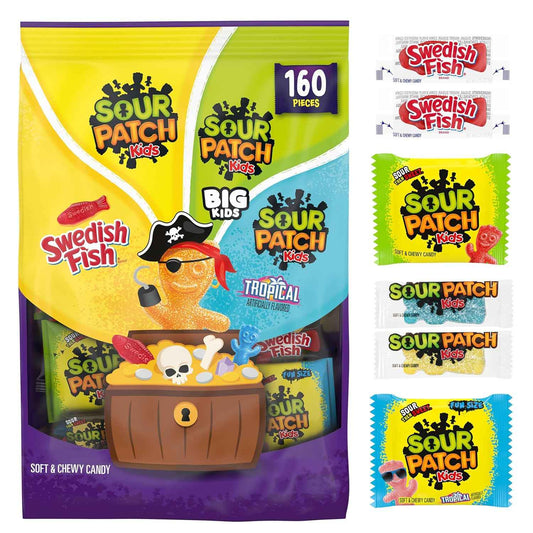 SOUR PATCH KIDS & SWEDISH FISH Halloween Candy – 160 Pre-Sealed Bags for Front Porch, Doorway, and Outdoor Candy Stations