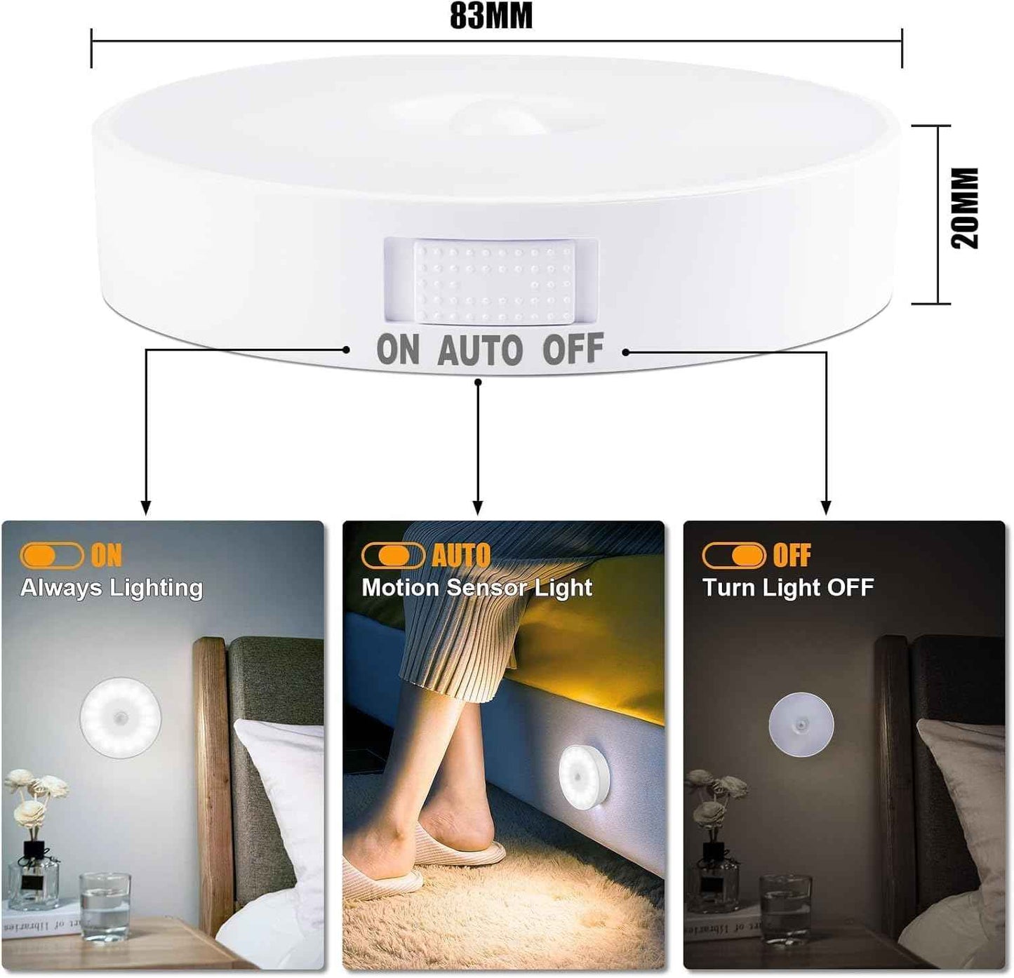 LuminBeam Round Motion Light – Clean Modern Wireless Night Light for Clutter-Free Homes, Rechargeable