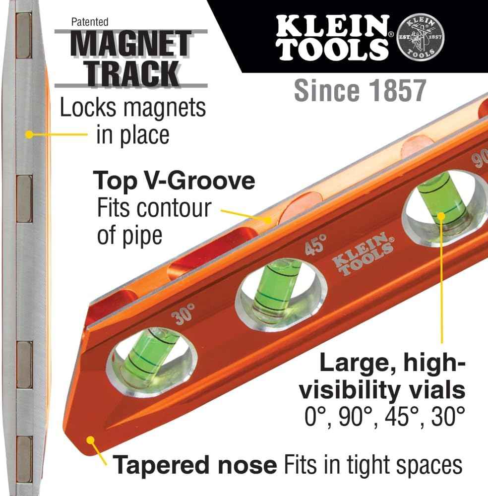 Klein Tools 935AB4V Torpedo Level – Jobsite Productivity Booster for Electricians Bending Conduit Faster