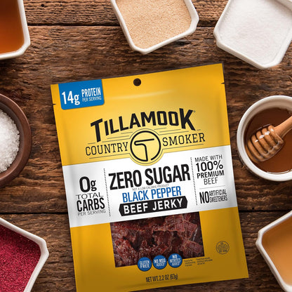 Tillamook Country Smoker Zero Sugar Beef Jerky, Black Pepper, 6.5 Ounce — Mindful Protein for Anti-Inflammatory and Low-Carb Lifestyles