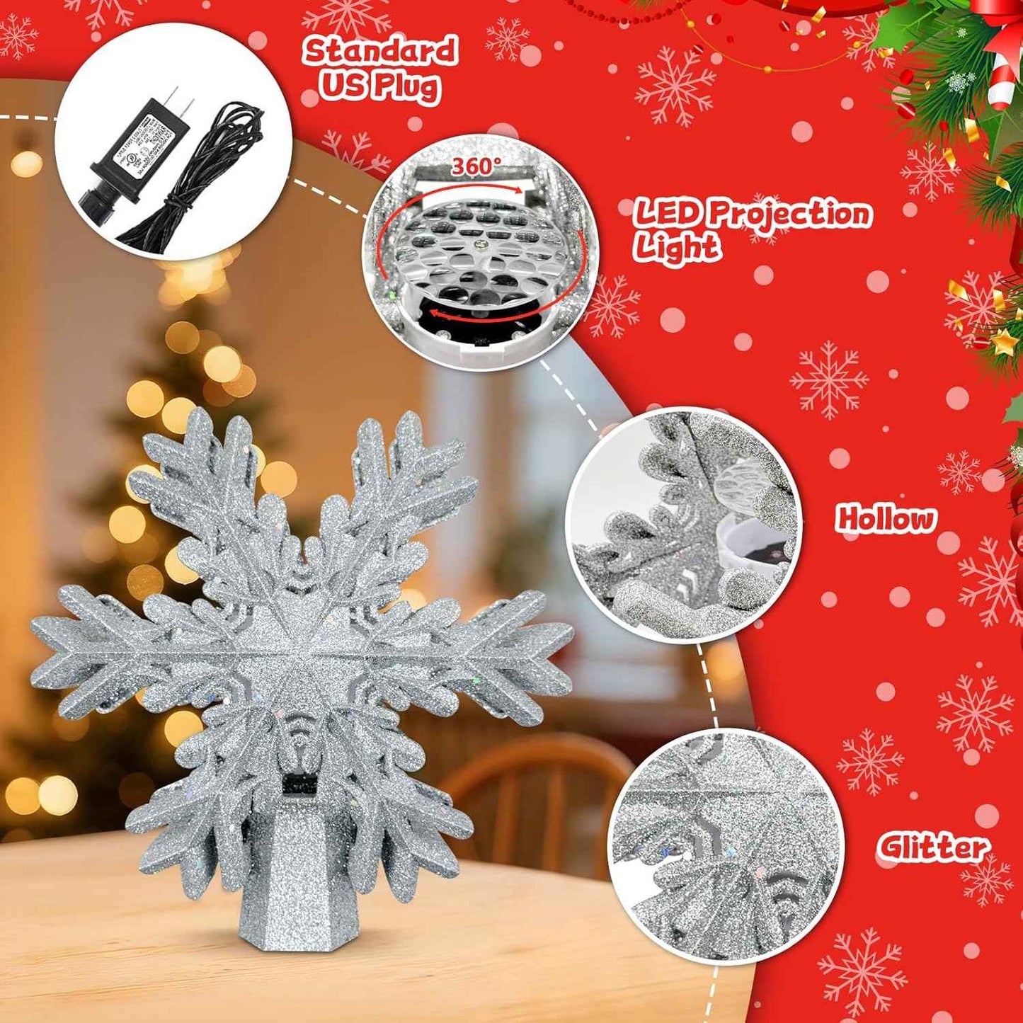 [Brand Name] 3D Glitter Snowflake Tree Topper – Cozy Bedroom Holiday Aesthetic with Rotating Wall and Ceiling Projection
