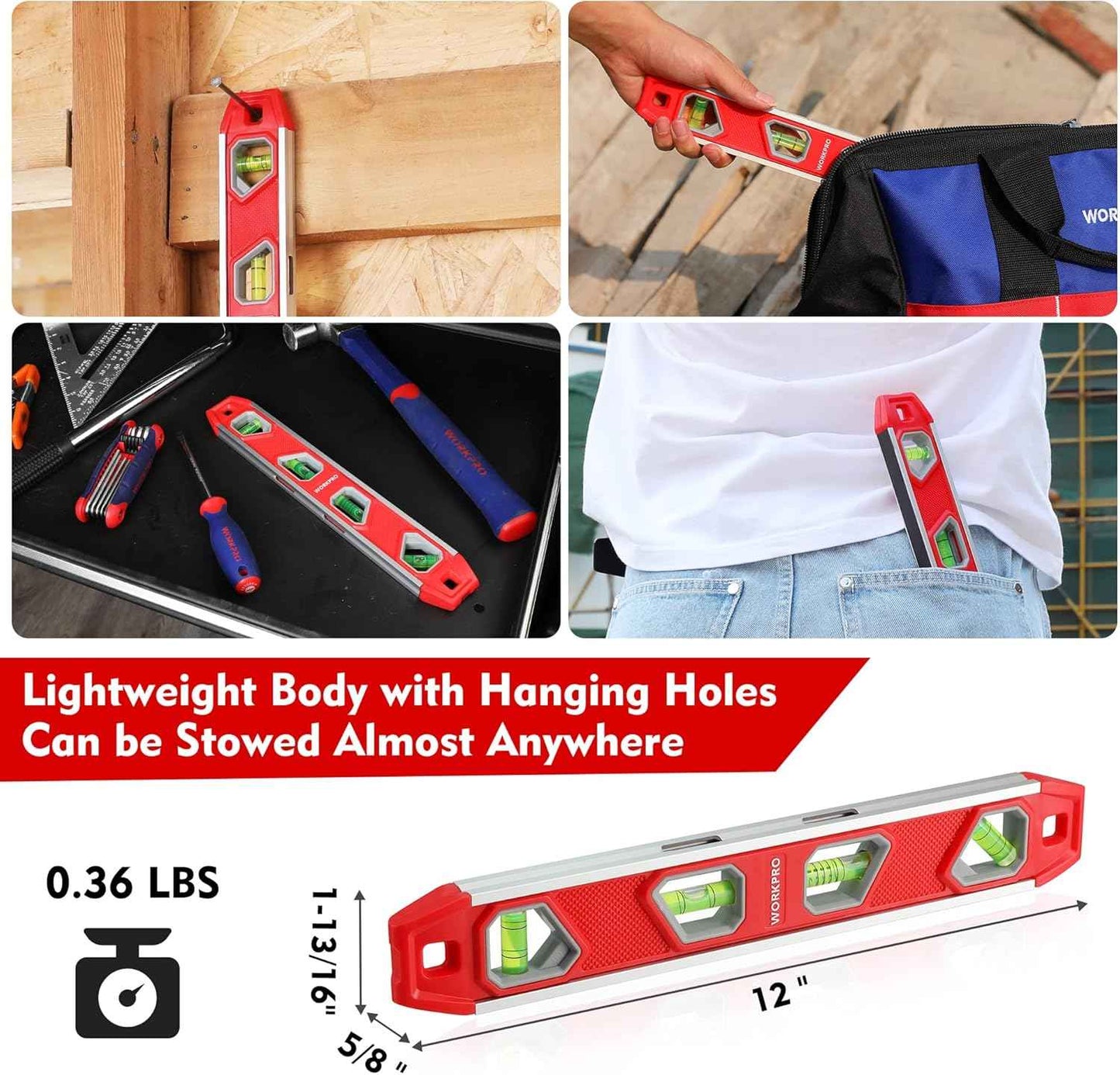 WORKPRO 12 Inch Torpedo Level - Slim Magnetic Leveler for Clean, Uncluttered Tool Belts and Pegboards