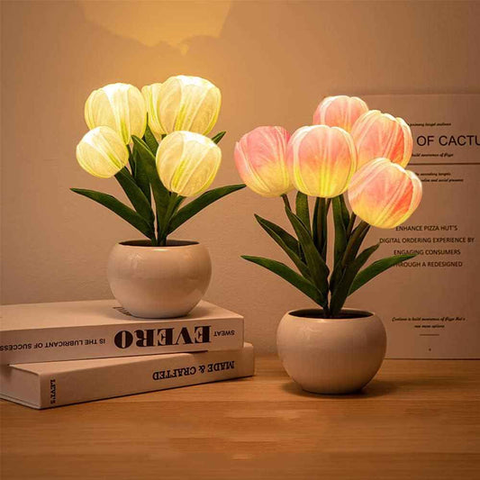 Faux Tulip Vase Lamp – Soft Warm Accent Light for Vanity Table, Bookshelf, and Cozy Reading Nook