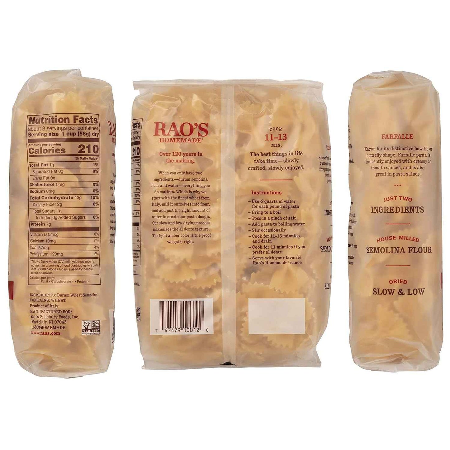 Rao's Homemade Farfalle Pasta, Clean Two-Ingredient Italian Import, for Wholesome Family Meals