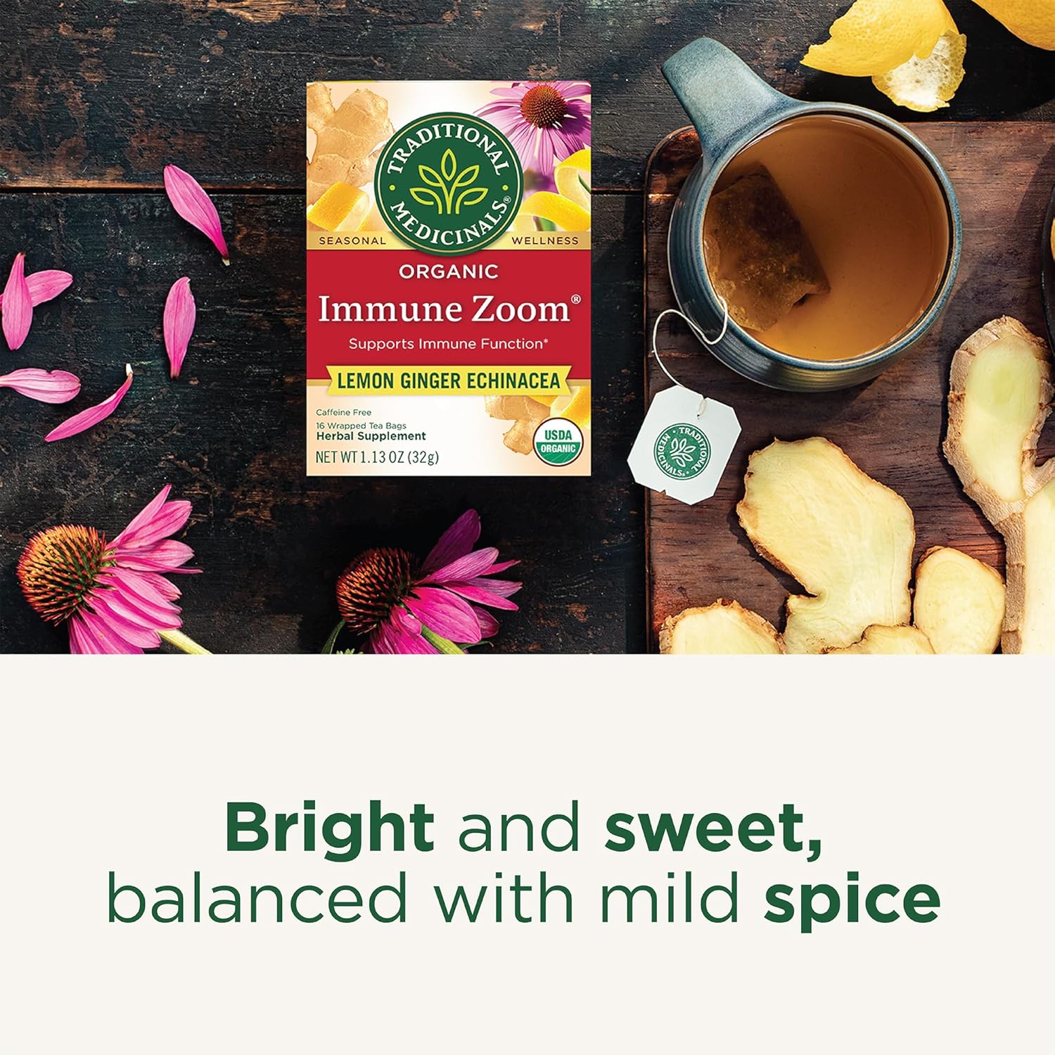 Traditional Medicinals Organic Immune Zoom Lemon Ginger Tea - Home Office Desk Tea for Caffeine-Free Afternoon Focus
