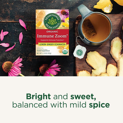 Traditional Medicinals Organic Immune Zoom Lemon Ginger Tea - Home Office Desk Tea for Caffeine-Free Afternoon Focus