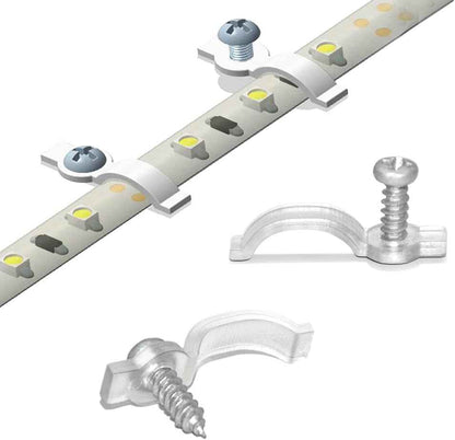 LuminEdge LED Strip Mounting Clips – Home Office Task Lighting Under-Shelf Holders, 100-Pack Clear Brackets