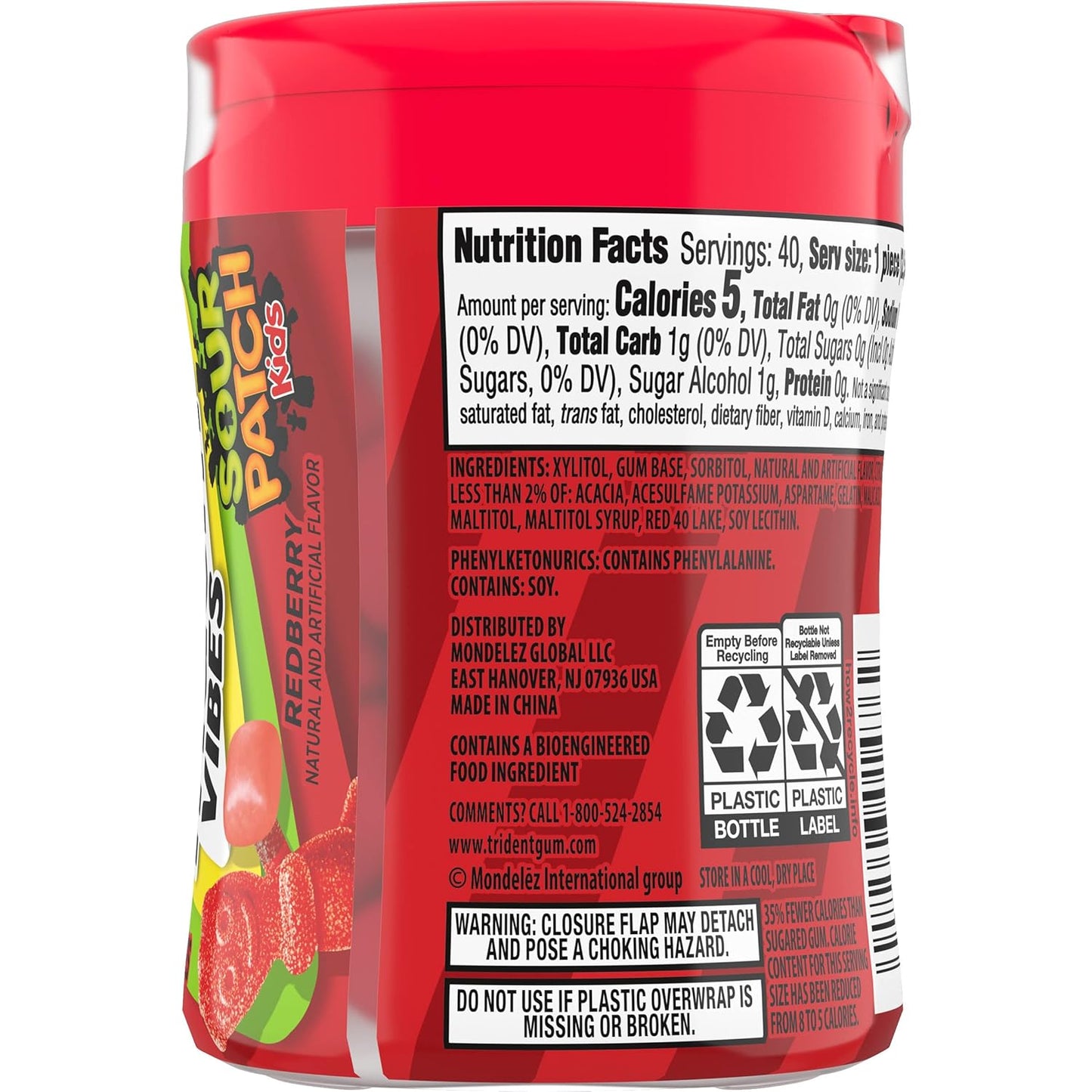 Trident Vibes SOUR PATCH KIDS Blue Raspberry Chewing Gum – Guilt-Free Sweet Treat for Gym Bag and Kitchen Counter, 160 Count
