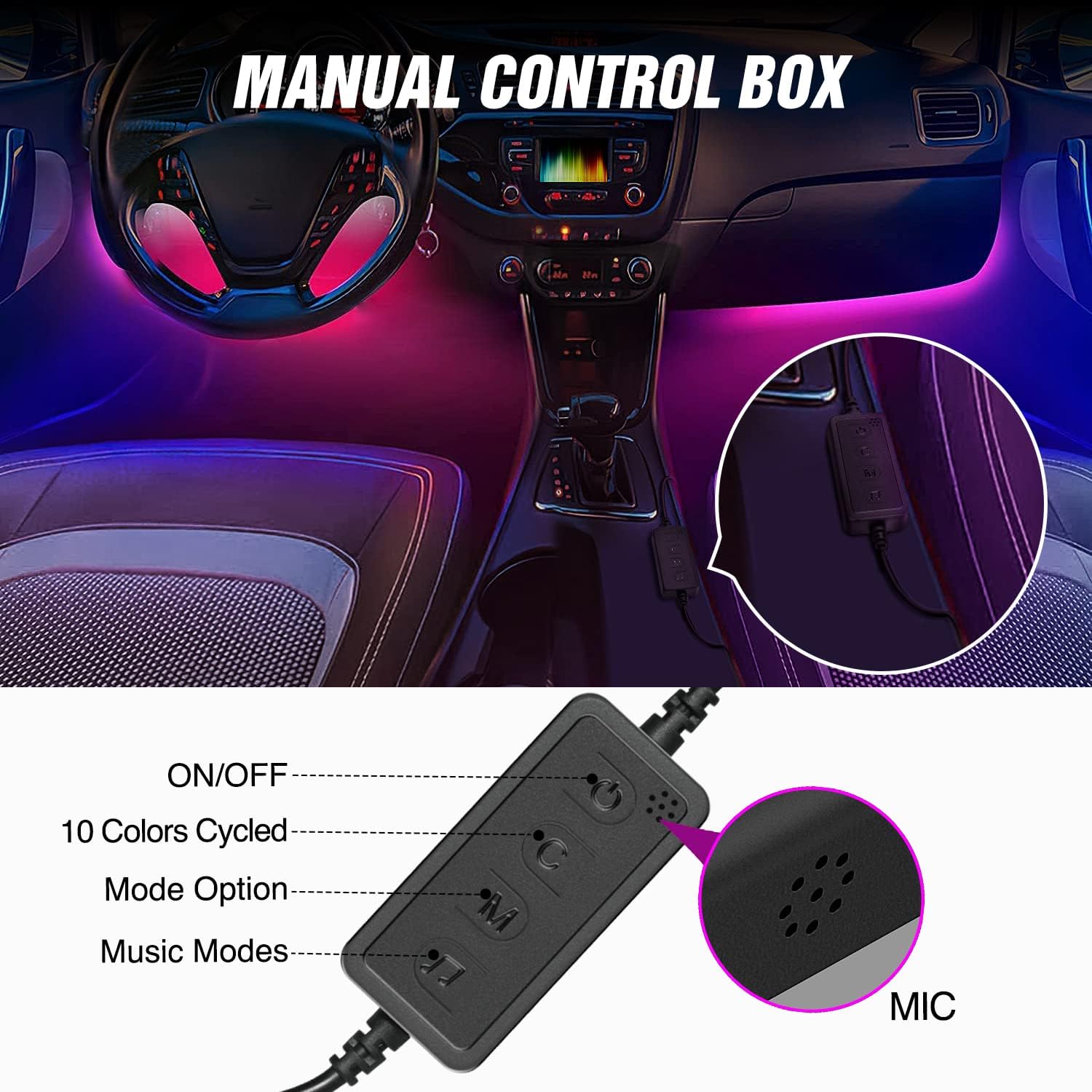 triple control: mobile app, 16-key rf wireless remote, and 12v manual control box