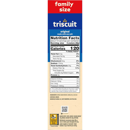 Triscuit Original Whole Grain Wheat Crackers – Portable Whole Wheat Crackers for Picnics and Backyard Gatherings, 12.5 oz