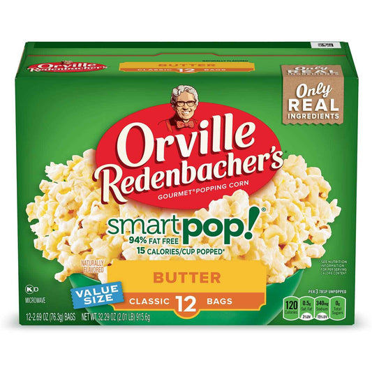 Orville Redenbacher's SmartPop! Butter Microwave Popcorn 12-Count – 94% Fat Free, Gluten-Free Snack for Home Office and Mindful Snacking