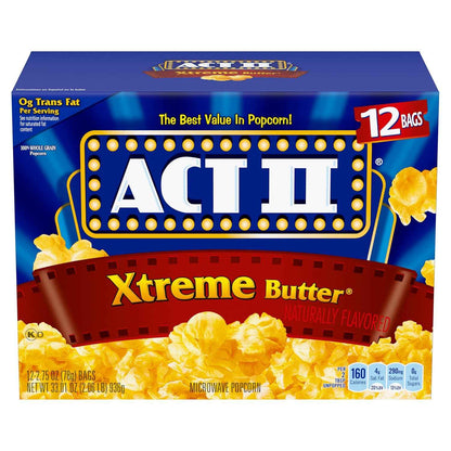 ACT II Xtreme Butter Microwave Popcorn 12 ct – 3-Minute Office Break Room Snack for Home Office Focus Sessions and Study Lounge Cravings