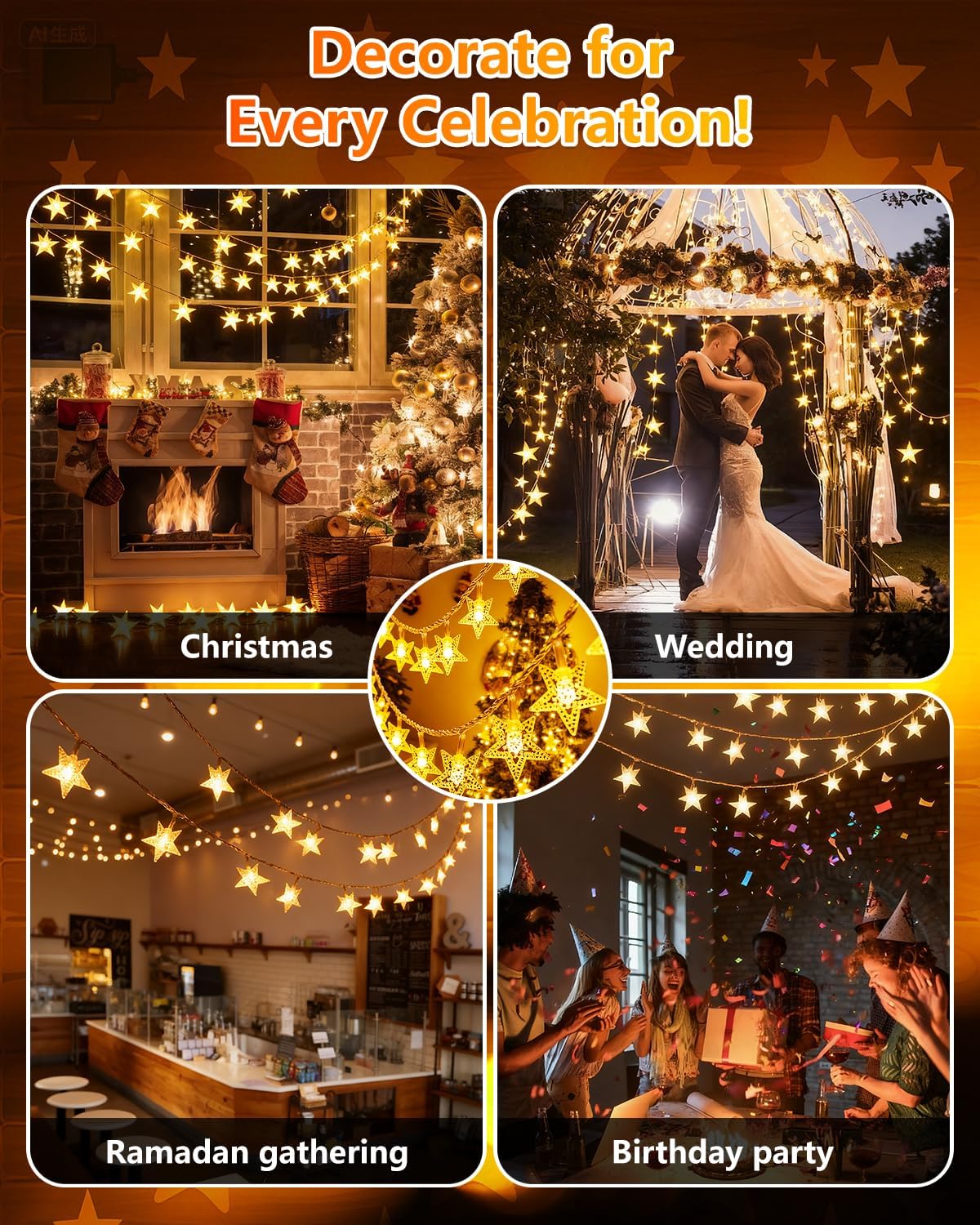Twinkle Star 30V Low-Voltage Star String Lights – UL 588 Certified Flameless Fairy Lights Safe Around Kids, Pets, and Sleep