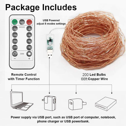 Twinkle Star 66 FT Copper Fairy Lights – Cozy Housewarming Gift for Women, 200 LED USB Warm White