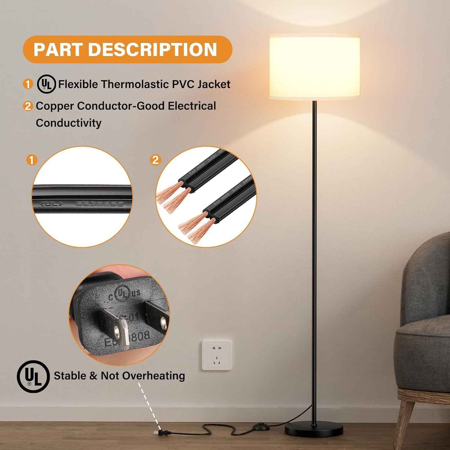 Decorative 60-Inch Floor Lamp with Fabric Lampshade and Foot Pedal On-Off Switch, Ambient Home Lighting for Bedroom Corner, Living Room and Dining Room