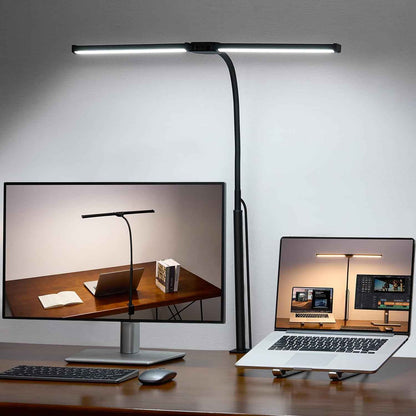 Minimalist LED Desk Lamp Black – Dual Head Clip-On Monitor Light with Clean Lines for Clutter Free Workstations