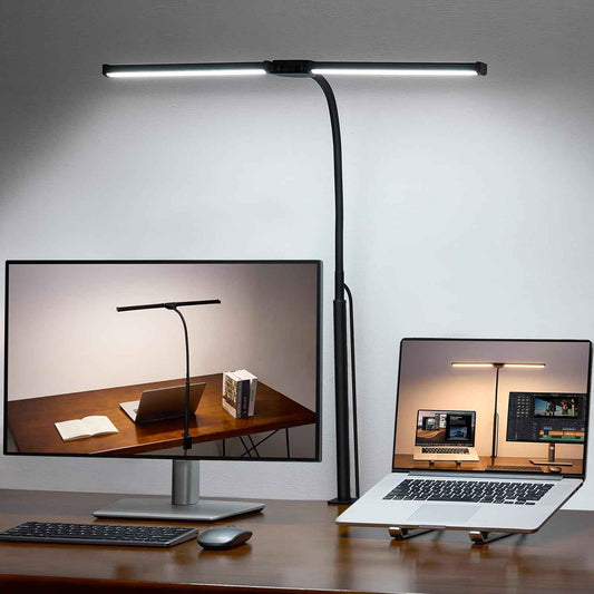 Minimalist LED Desk Lamp Black – Dual Head Clip-On Monitor Light with Clean Lines for Clutter Free Workstations