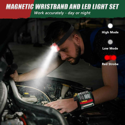 Magnetic Wristband with LED Light – Hands-Free Tool Holder for Overhead and Ladder Work, Rechargeable Wrist Light for Mechanics