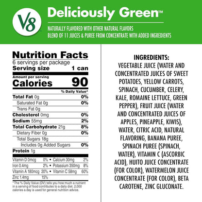 V8 +Energy Deliciously Green 100% Fruit and Vegetable Juice Gift Set for Wellness Lovers, 8 fl oz Can (6 Pack) Healthy Starter Kit