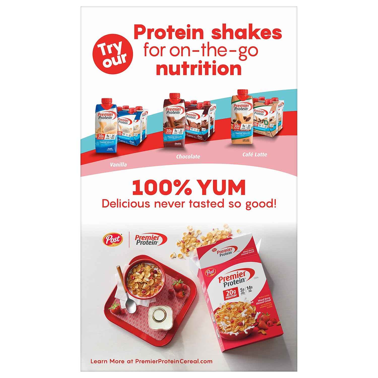 Post Premier Protein Chocolate Almond Cereal — Desk Drawer Snack Cereal with 20g Protein to Beat the Mid-Afternoon Crash