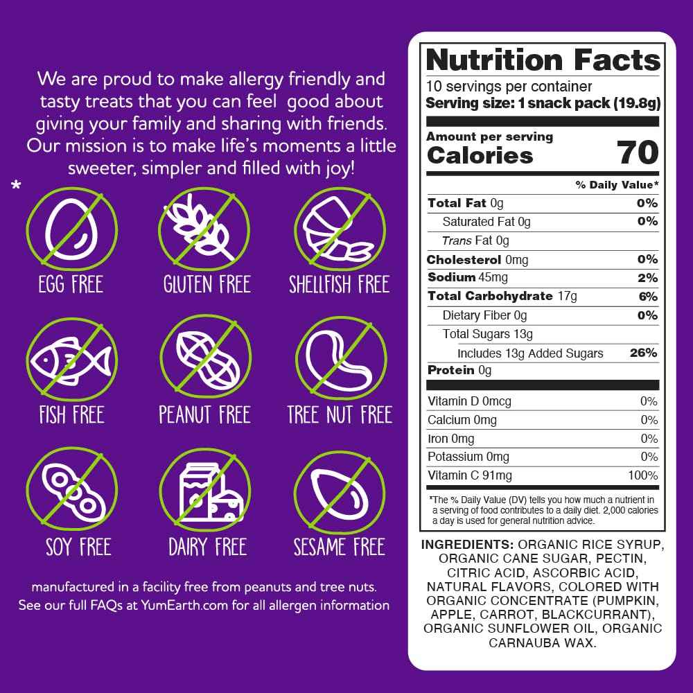 YumEarth Organic Fruit Snacks - Top 8 Allergen Free Snack for Allergy Sensitive Children, 10 Pack of 0.7 oz Pouches