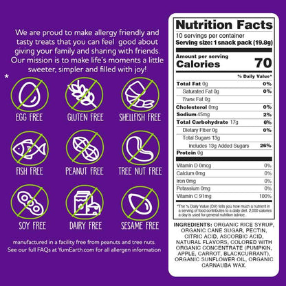 YumEarth Organic Fruit Snacks - Top 8 Allergen Free Snack for Allergy Sensitive Children, 10 Pack of 0.7 oz Pouches