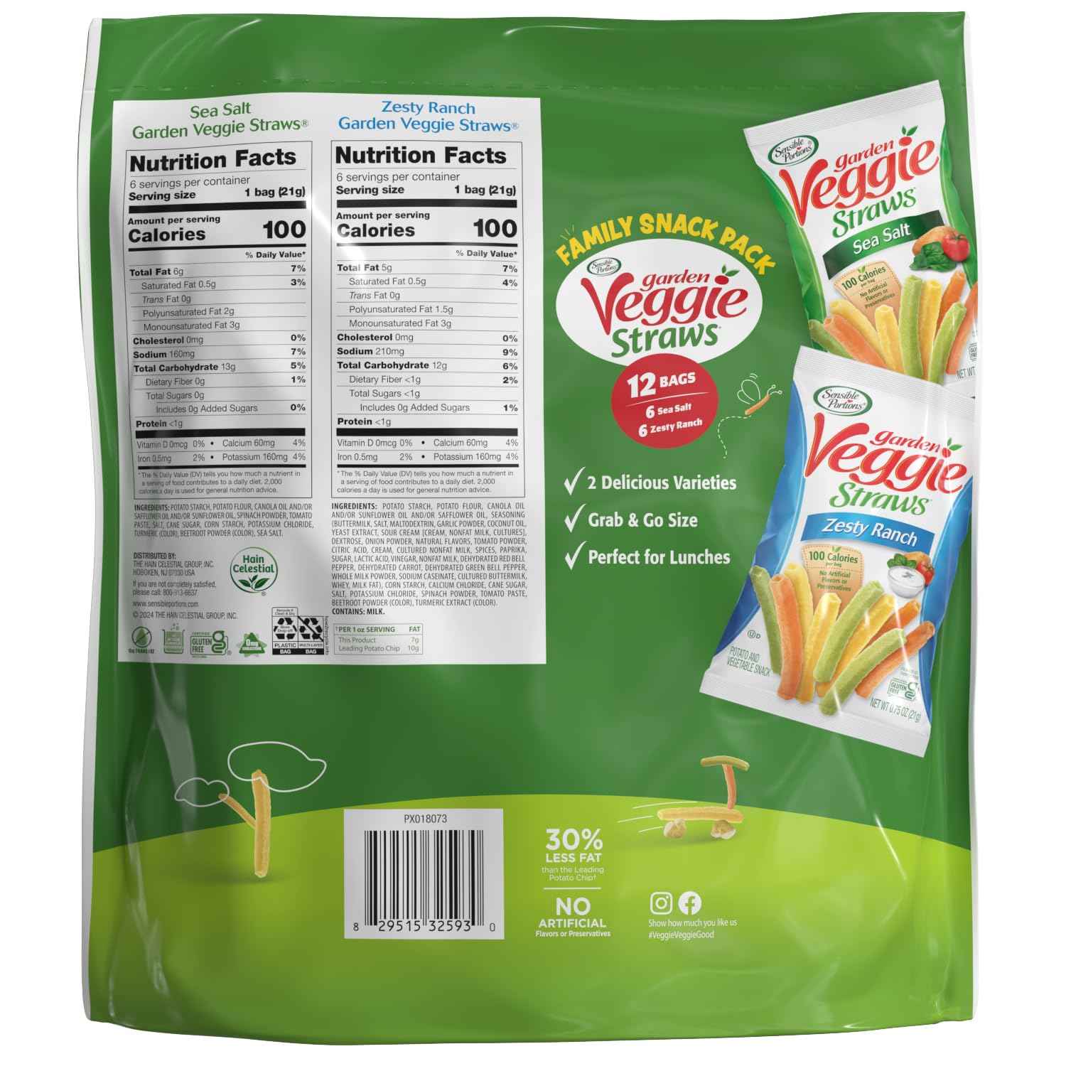 Sensible Portions Garden Veggie Straws Multi-Pack for Low-Calorie Office Snacking, Sea Salt and Zesty Ranch