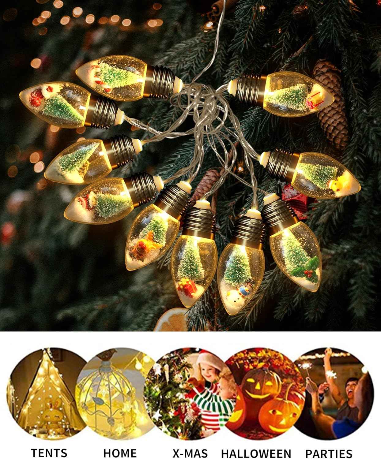 LumaGlow Snow Globe String Lights – Child Safe Acrylic Bulbs for Nursery, Playroom and Kids Bedroom Holiday Glow