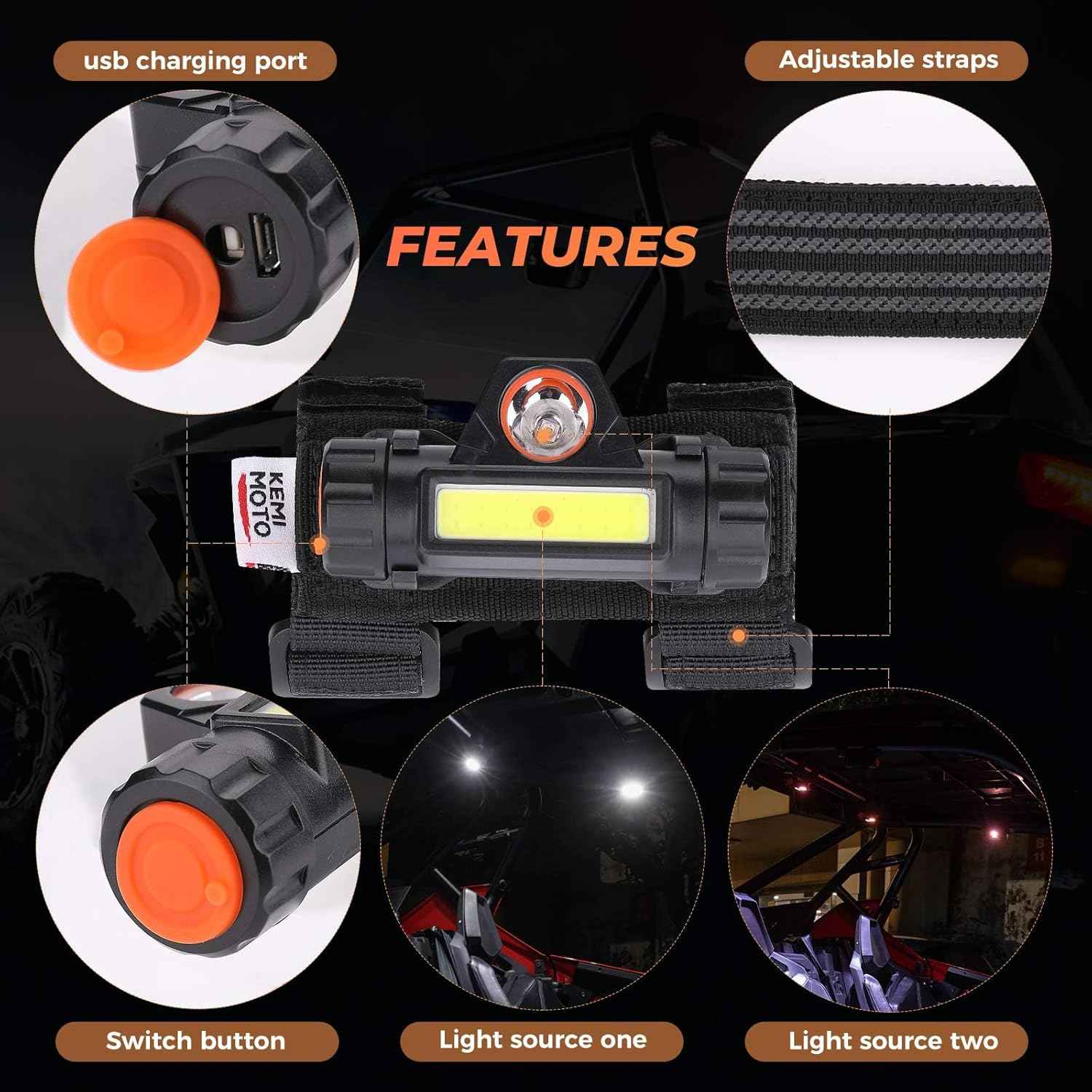 KEMIMOTO UTV Dome Light Roll Bar Mount Portable Camping Light for Polaris RZR Can Am Talon Trail Riding 1.5-2.0 in Roll Bar