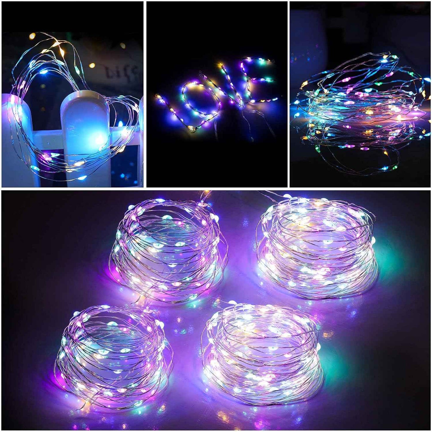 Mandiq 4 Pack Waterproof Fairy Lights Battery Operated, 10ft Silver Wire String Lights for Patio and Outdoor Dining Setup