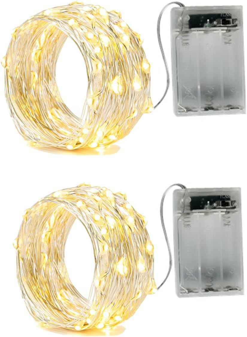 LUMIO Minimalist Silver Wire Fairy Lights 2-Pack – Understated Warm White LED String Lights for Clean Modern Bedroom, Battery Powered 6.6ft Set