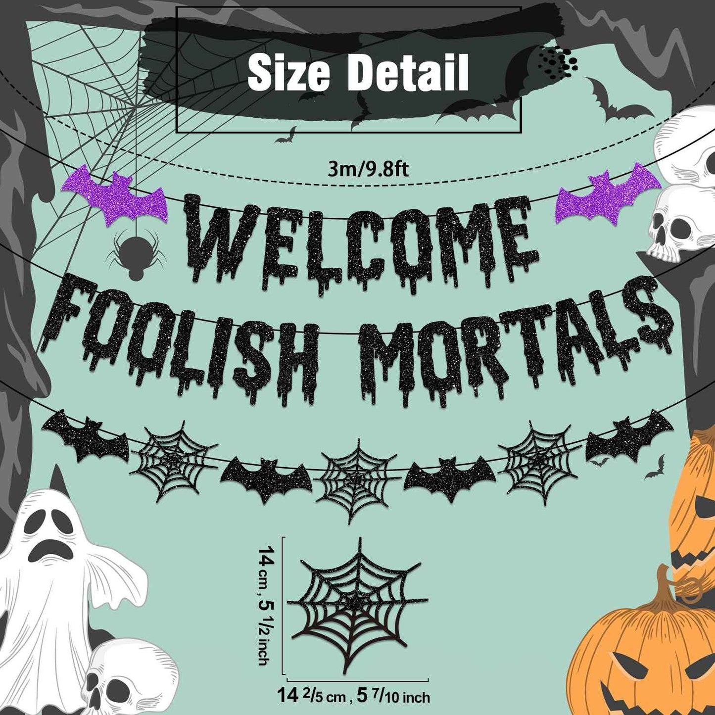 Welcome Foolish Mortals Halloween Banner – Bedroom Aesthetic & Cozy Spooky Hallway Mantel Decoration, Purple and Black Glitter Cardstock