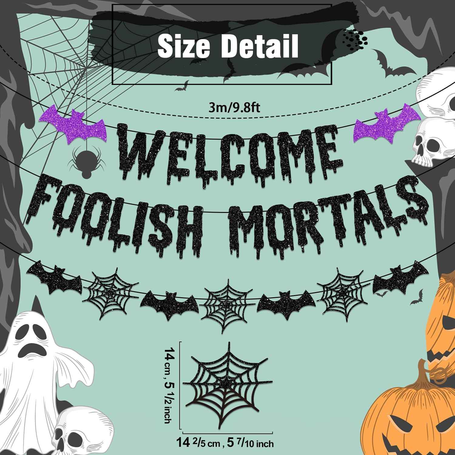 Welcome Foolish Mortals Halloween Banner – Bedroom Aesthetic & Cozy Spooky Hallway Mantel Decoration, Purple and Black Glitter Cardstock