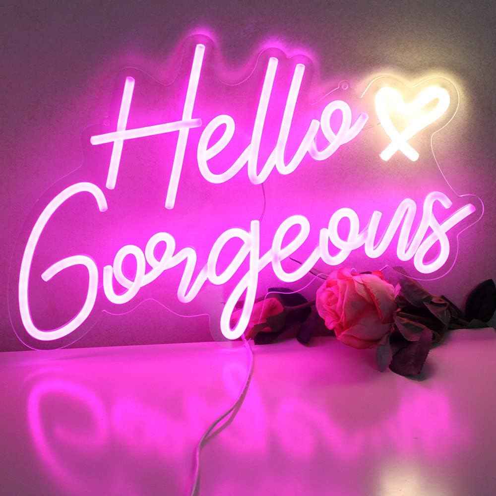 Hello Gorgeous Neon Sign – Premium Pink LED Neon Wall Art for Elevated Home Interiors, Dimmable with Timer